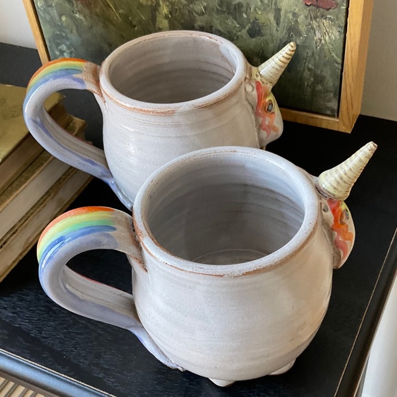 Mudworks Elwood the Rainbow Unicorn Mugs (2) Hand Thrown Pottery Footed USA Made - Picture 4 of 12